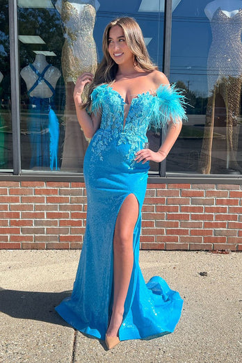 Sparkly Blue Appliques Mermaid Off The Shoulder Corset Prom Dress with Slit