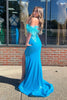 Load image into Gallery viewer, Sparkly Blue Appliques Mermaid Off The Shoulder Corset Prom Dress with Slit