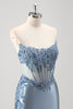 Load image into Gallery viewer, Sparkly Grey Blue Mermaid Strapless Metallic Prom Dress with Slit