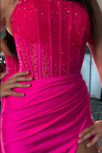 Sparkly Fuchsia Mermaid Beaded Strapless Prom Dress with Slit