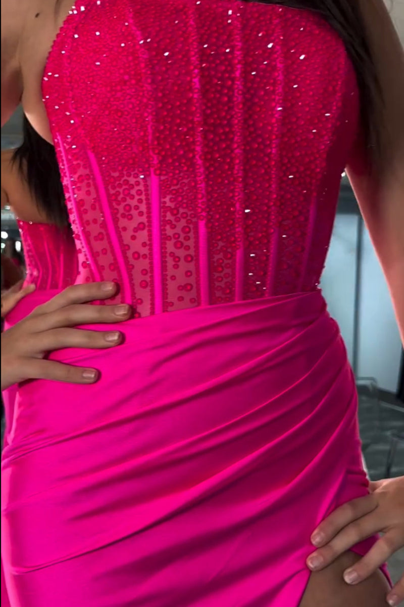 Load image into Gallery viewer, Sparkly Fuchsia Mermaid Beaded Strapless Prom Dress with Slit