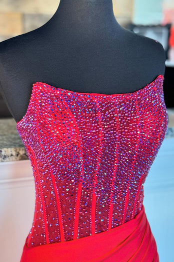 Sparkly Fuchsia Mermaid Beaded Strapless Prom Dress with Slit