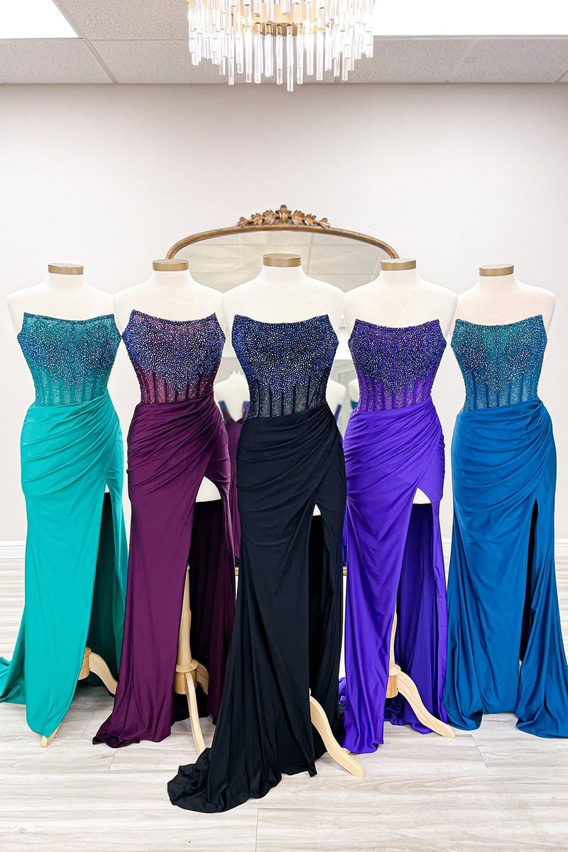 Load image into Gallery viewer, Sparkly Fuchsia Mermaid Beaded Strapless Prom Dress with Slit