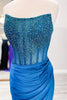 Load image into Gallery viewer, Sparkly Fuchsia Mermaid Beaded Strapless Prom Dress with Slit