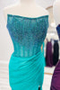 Load image into Gallery viewer, Sparkly Fuchsia Mermaid Beaded Strapless Prom Dress with Slit