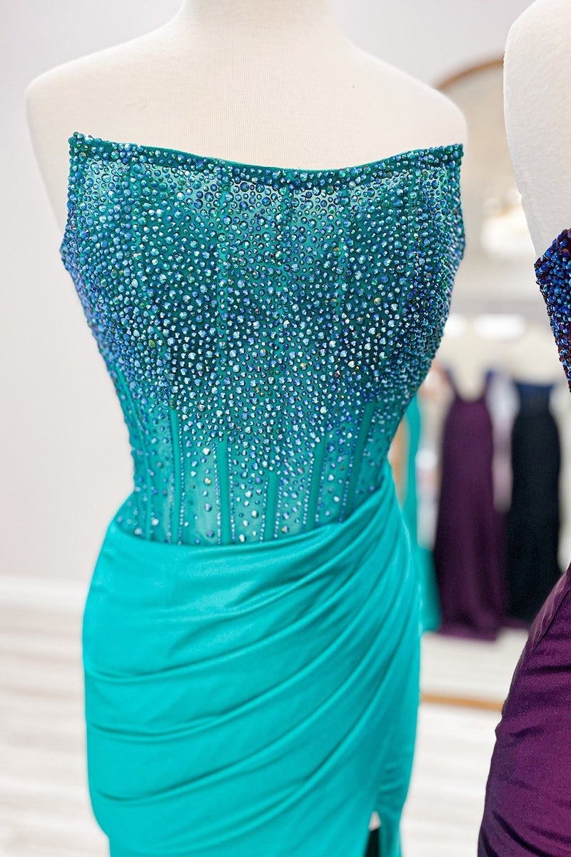 Load image into Gallery viewer, Sparkly Fuchsia Mermaid Beaded Strapless Prom Dress with Slit