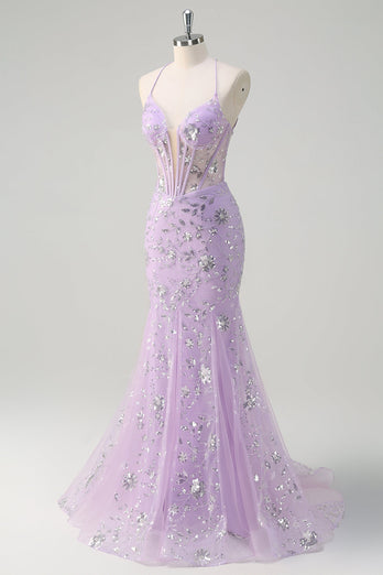 Sparkly Lilac Mermaid Sheer Corset Sequin Prom Dress