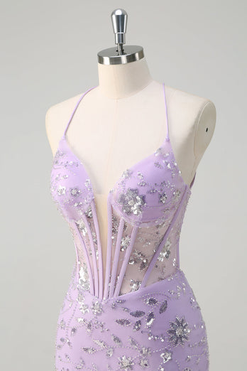 Sparkly Lilac Mermaid Sheer Corset Sequin Prom Dress