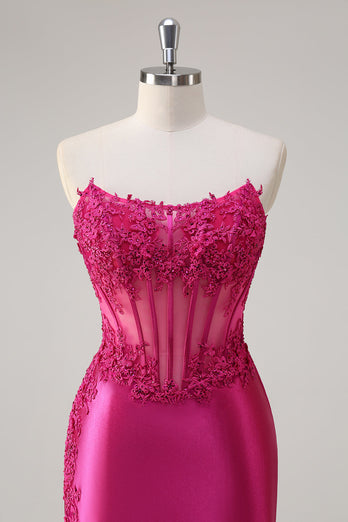 Fuchsia Mermaid Strapless Corset Prom Dress with Slit