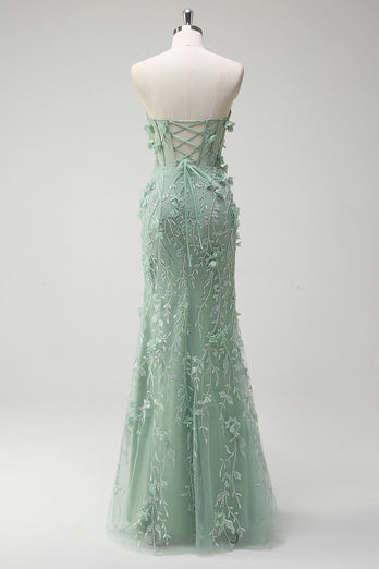Floral Sage Mermaid Appliqued Long Prom Dress with Slit