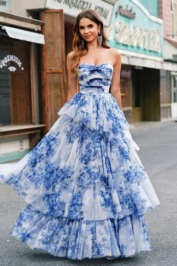 White Blue Flower A-Line Strapless Tiered Long Prom Dress with Bows