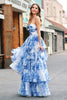 Load image into Gallery viewer, White Blue Flower A-Line Strapless Tiered Long Prom Dress with Bows