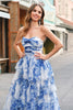 Load image into Gallery viewer, White Blue Flower A-Line Strapless Tiered Long Prom Dress with Bows