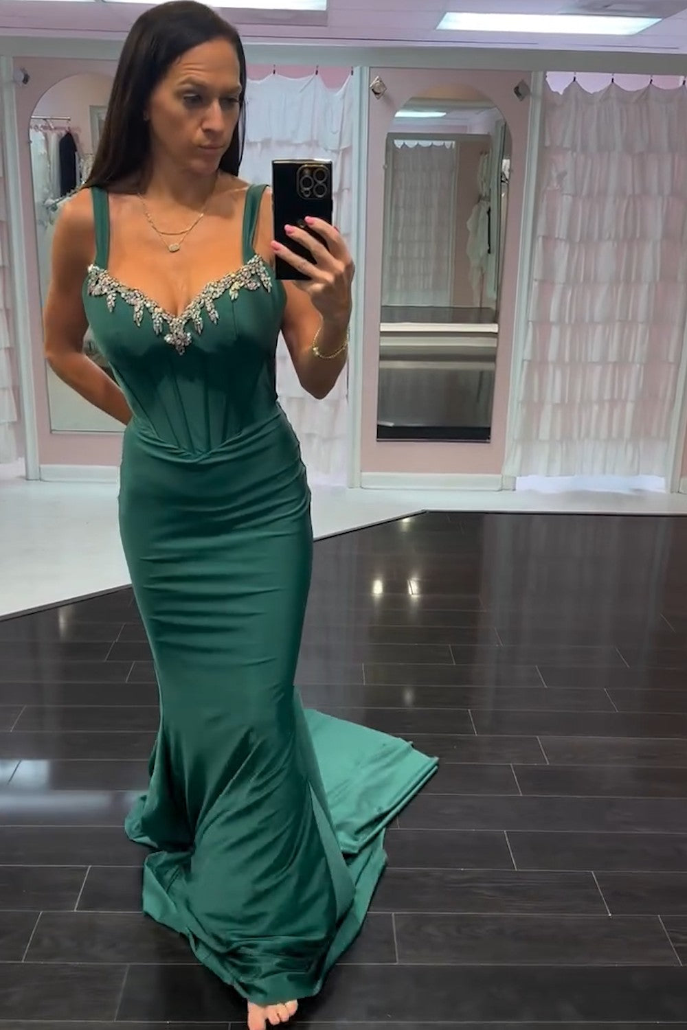 Dark Green Sparkly Beaded Corset Mermaid Spaghetti Straps Prom Dress