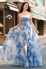 Load image into Gallery viewer, White Blue Flower A-Line Spaghetti Straps Ruched Corset Long Prom Dress With Slit