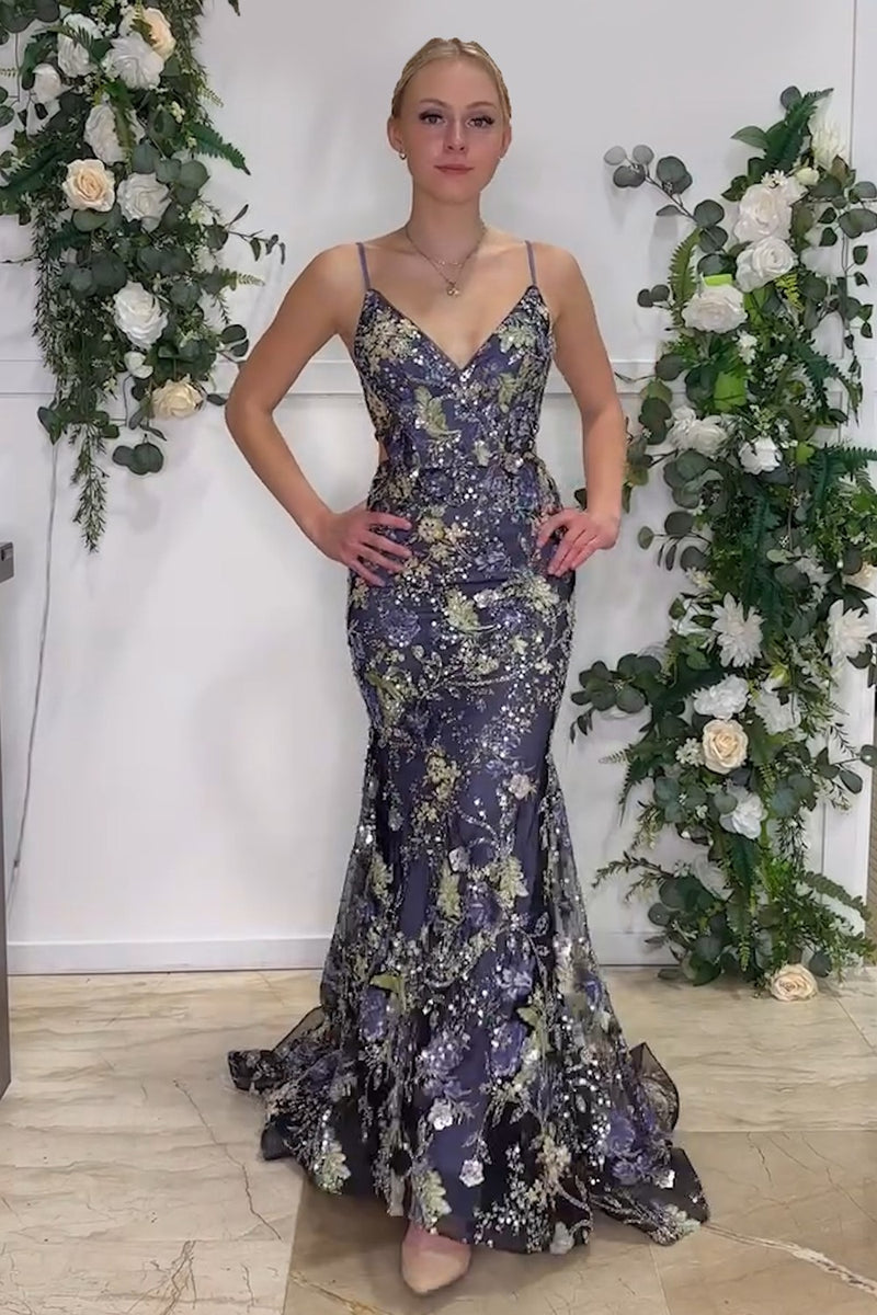 Load image into Gallery viewer, Navy Mermaid Sparkly Sequins Floral Print Long Prom Dress