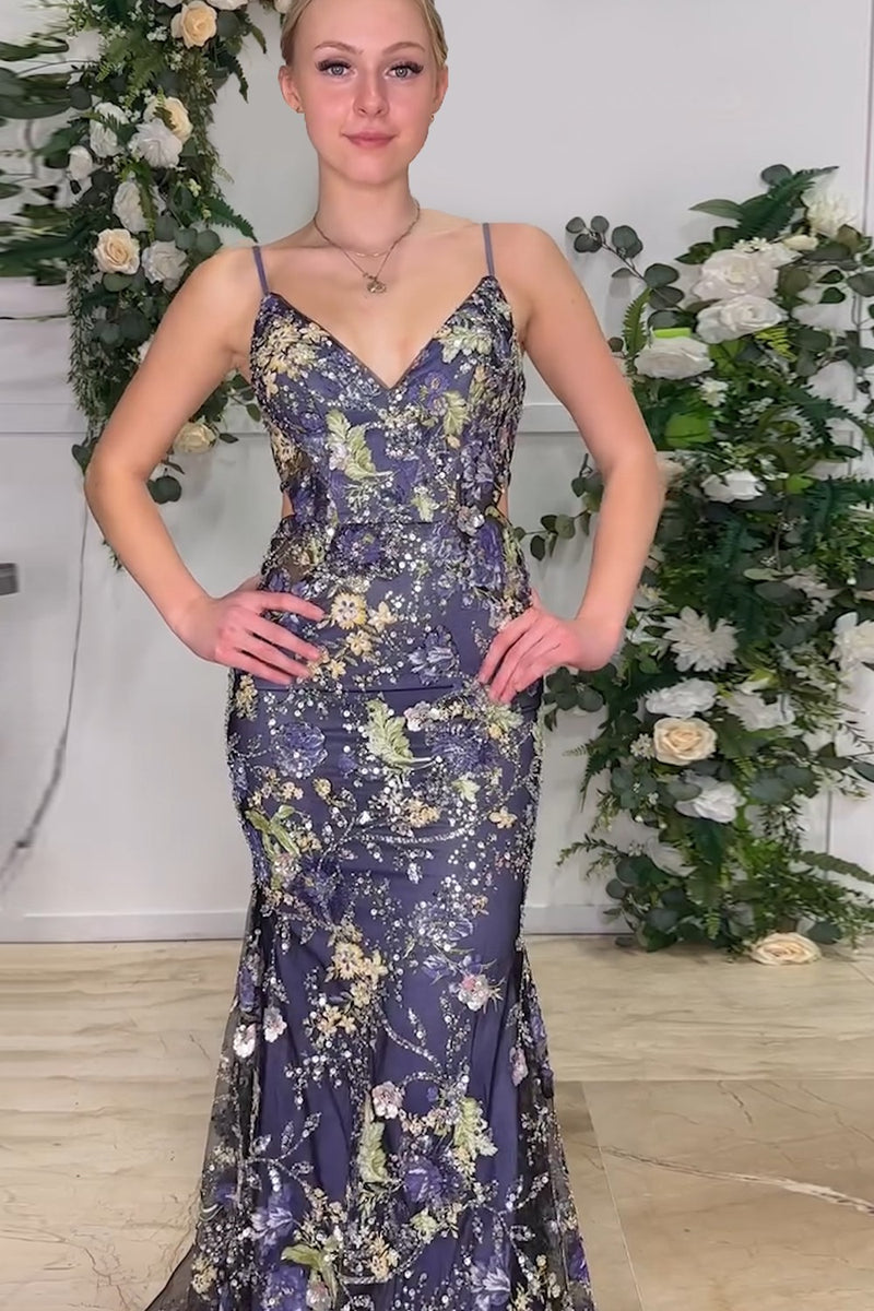 Load image into Gallery viewer, Navy Mermaid Sparkly Sequins Floral Print Long Prom Dress