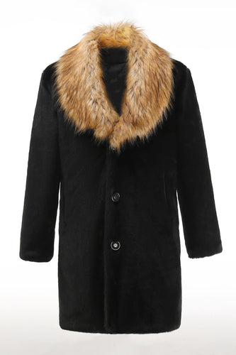 Black Faux Turndown Collar Long Sleeve Fur Coat