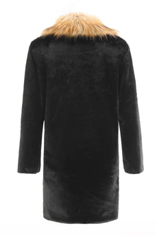 Black Faux Turndown Collar Long Sleeve Fur Coat