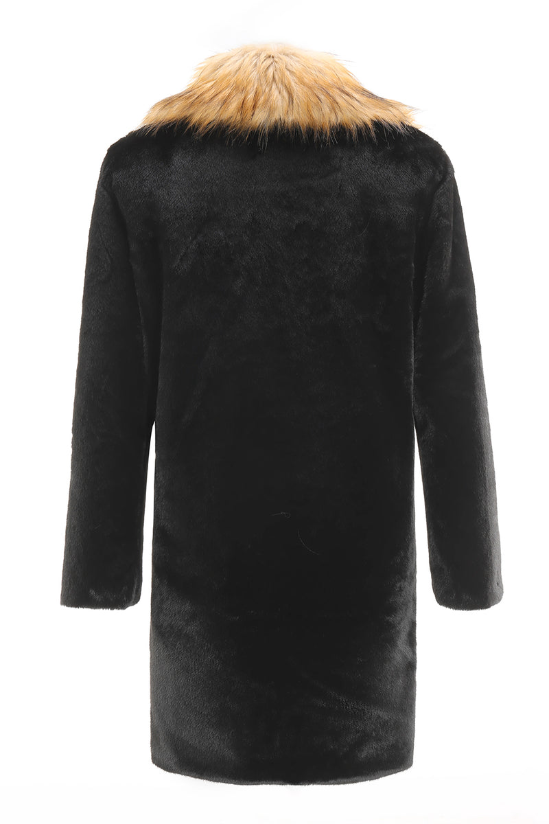 Load image into Gallery viewer, Black Faux Turndown Collar Long Sleeve Fur Coat