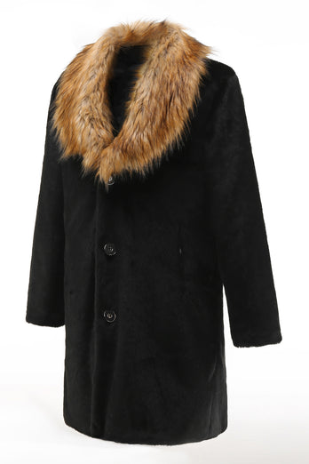 Black Faux Turndown Collar Long Sleeve Fur Coat