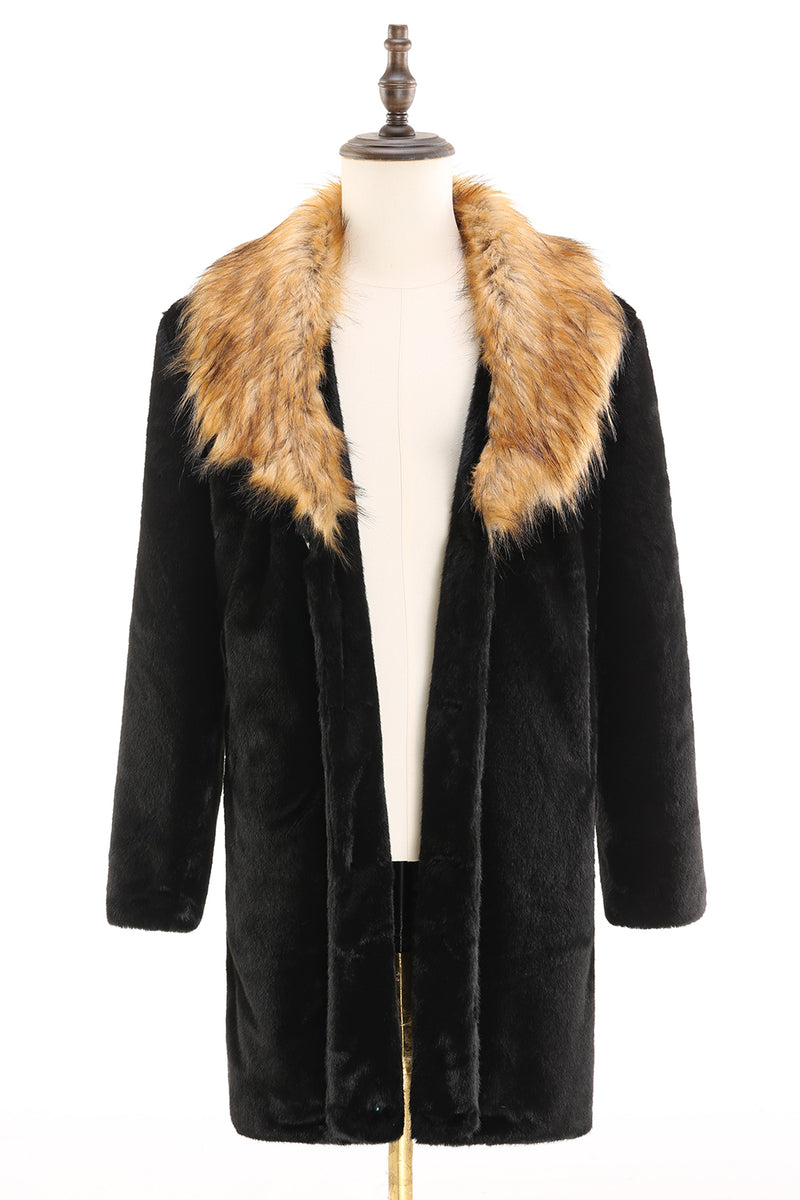 Load image into Gallery viewer, Black Faux Turndown Collar Long Sleeve Fur Coat