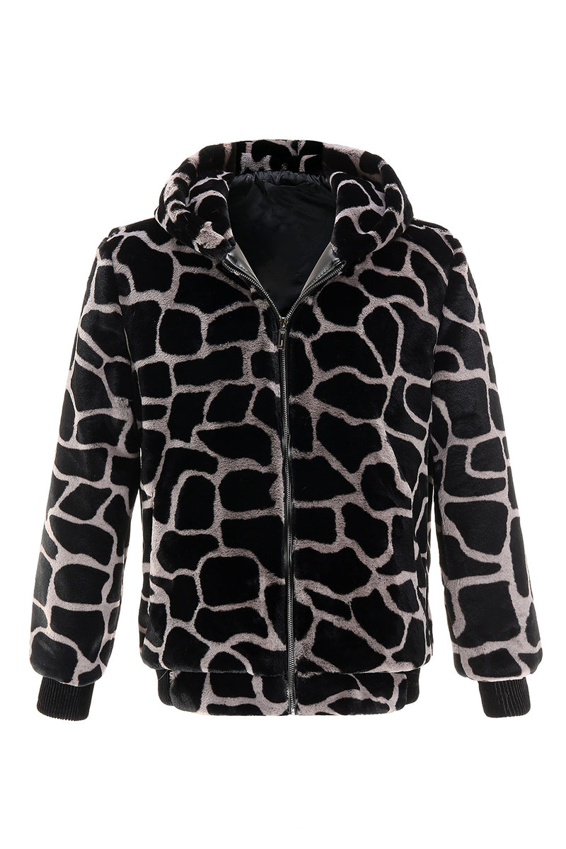 Load image into Gallery viewer, Black and White Giraffe Print Front Zip Hoodie