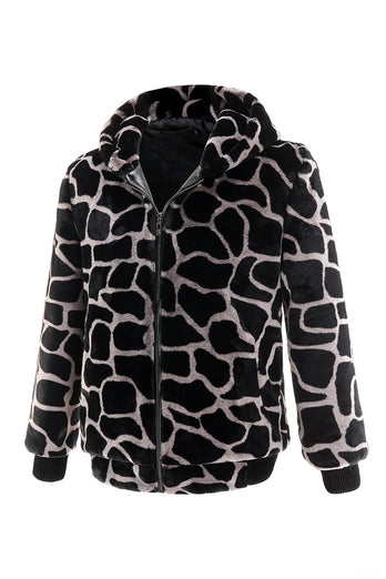 Black and White Giraffe Print Front Zip Hoodie