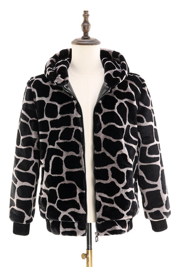 Black and White Giraffe Print Front Zip Hoodie