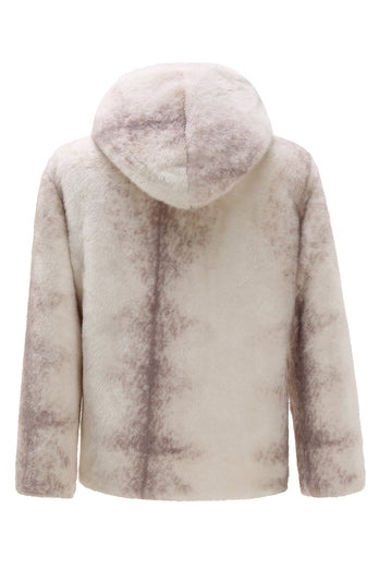 Ivory Faux Fur Hoodie Sweatshirt with Zipper