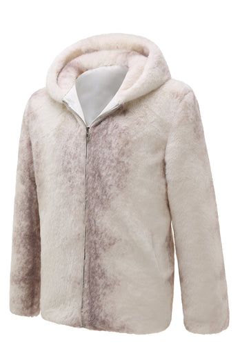 Ivory Faux Fur Hoodie Sweatshirt with Zipper