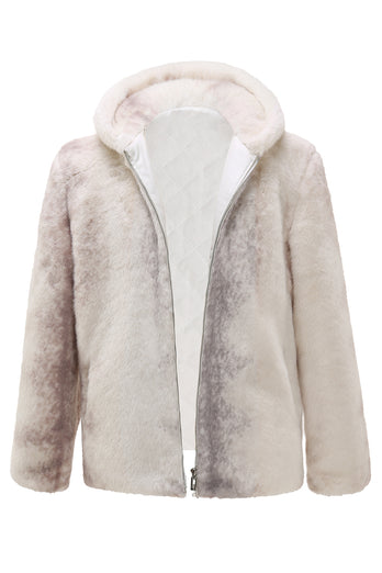 Ivory Faux Fur Hoodie Sweatshirt with Zipper