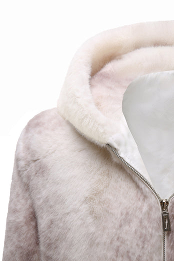 Ivory Faux Fur Hoodie Sweatshirt with Zipper