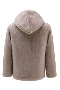 Khaki Faux Fur Integrated Hooded Mid Length Jacket