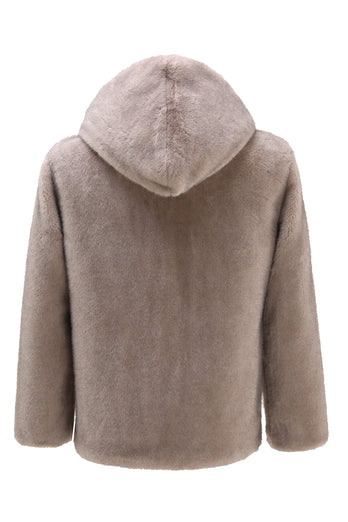 Khaki Faux Fur Integrated Hooded Mid Length Jacket