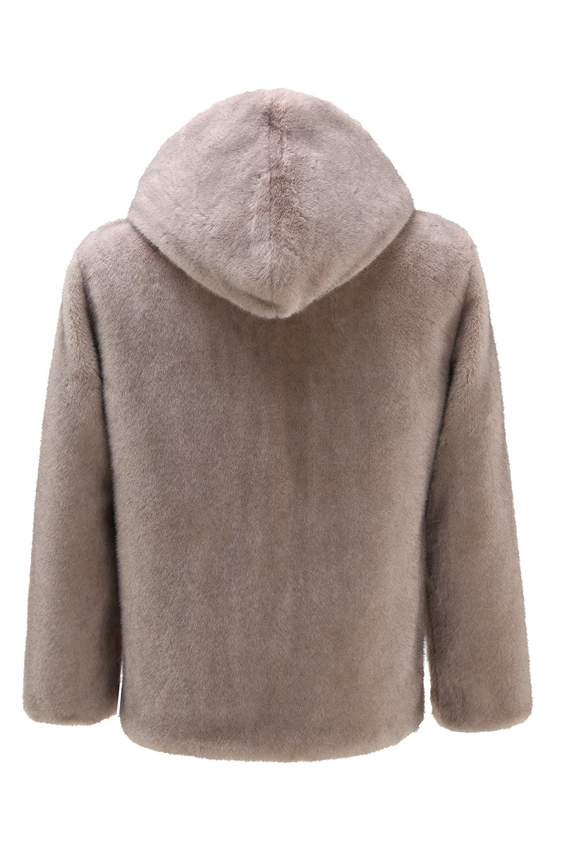 Load image into Gallery viewer, Khaki Faux Fur Integrated Hooded Mid Length Jacket