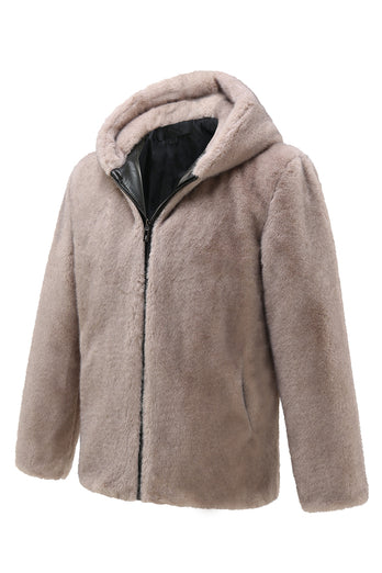 Khaki Faux Fur Integrated Hooded Mid Length Jacket