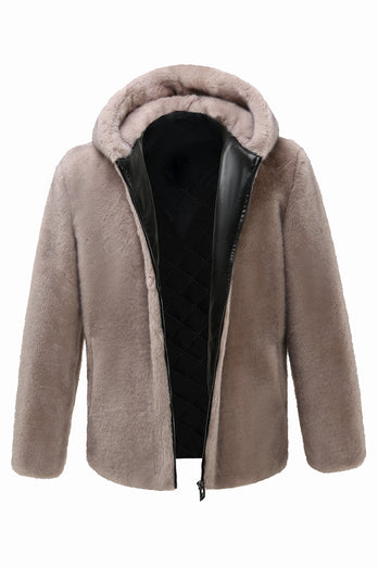 Khaki Faux Fur Integrated Hooded Mid Length Jacket