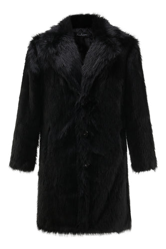 Black Faux Fur Coat Lapel Mid Length Winter Overcoat