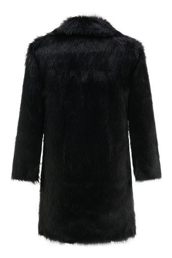 Black Faux Fur Coat Lapel Mid Length Winter Overcoat