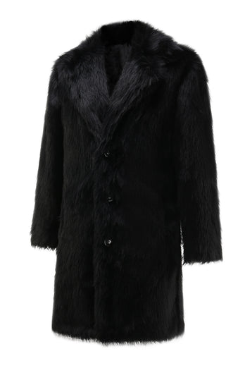 Black Faux Fur Coat Lapel Mid Length Winter Overcoat