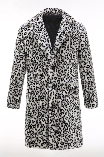 Black and White Leopard Print Lapel Long Sleeve Faux Fur Coats