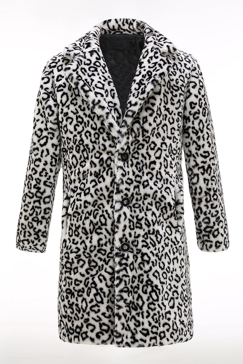 Load image into Gallery viewer, Black and White Leopard Print Lapel Long Sleeve Faux Fur Coats