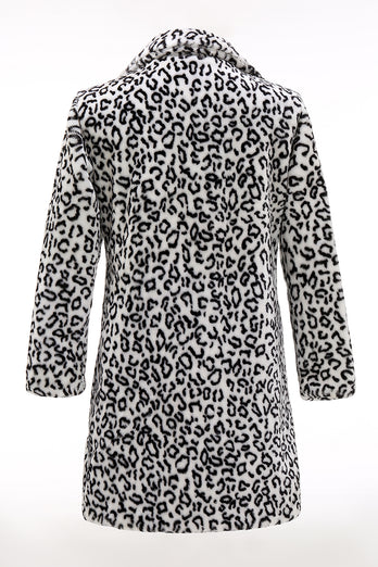 Black and White Leopard Print Lapel Long Sleeve Faux Fur Coats