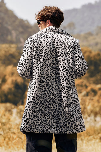 White and Black Leopard Fur Long Sleeves Warm Coat Jacket