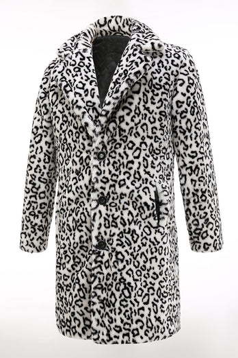 Black and White Leopard Print Lapel Long Sleeve Faux Fur Coats