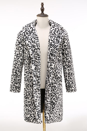 Black and White Leopard Print Lapel Long Sleeve Faux Fur Coats