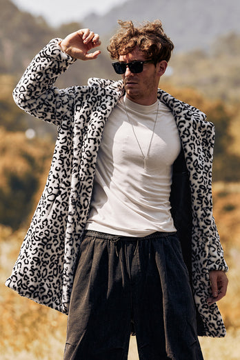 White and Black Leopard Fur Long Sleeves Warm Coat Jacket