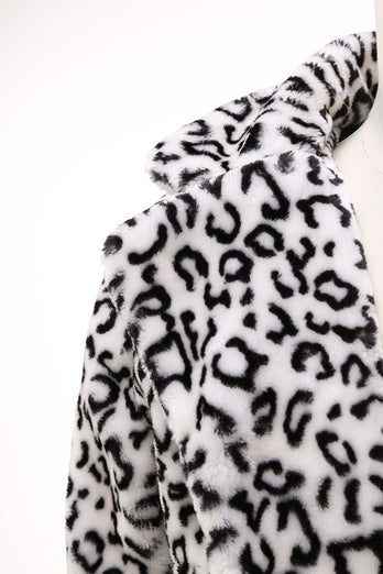 Black and White Leopard Print Lapel Long Sleeve Faux Fur Coats