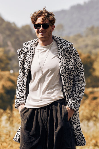 White and Black Leopard Fur Long Sleeves Warm Coat Jacket